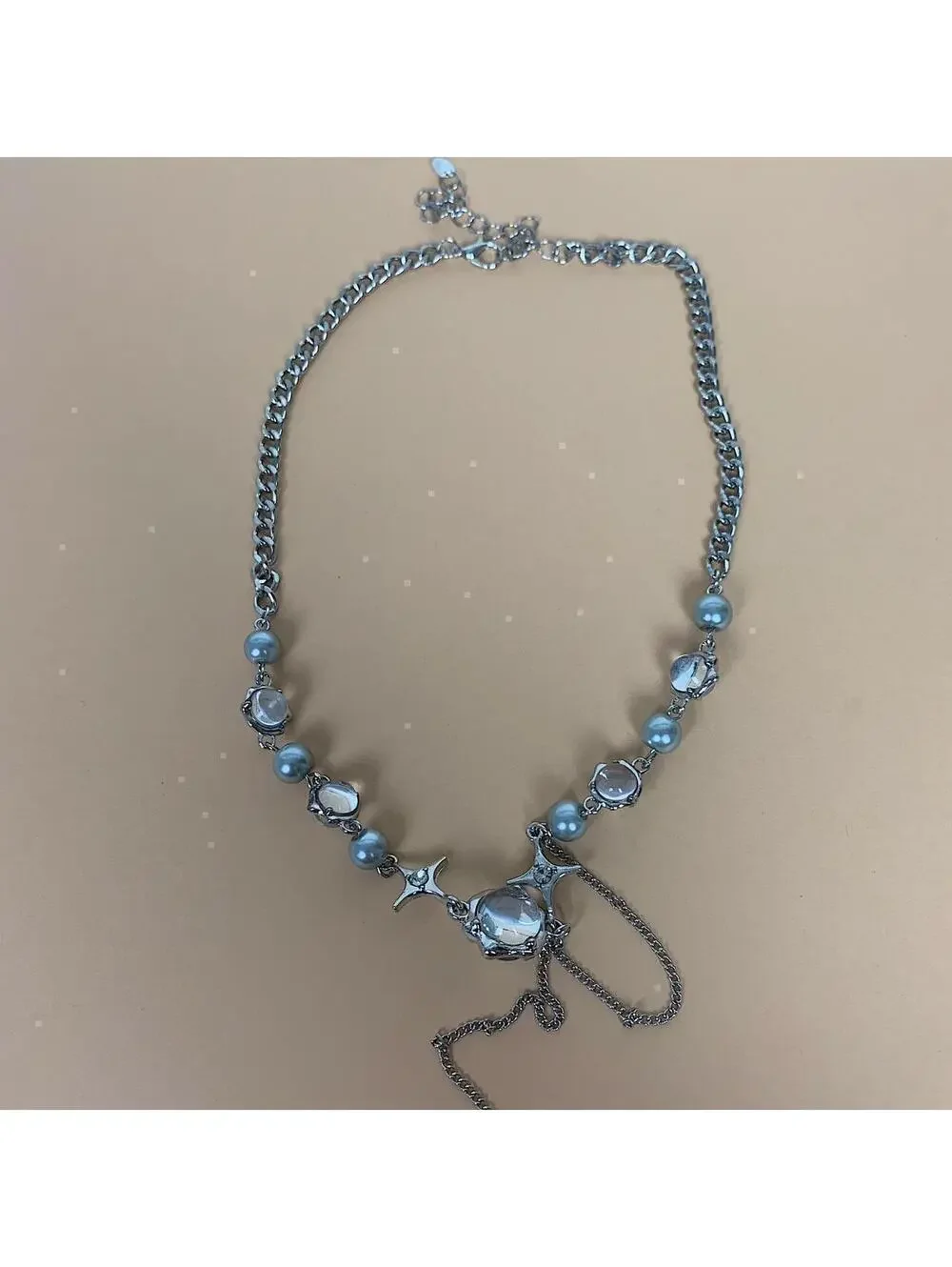Cyber y2k grunge silver and beaded futuristic glass opal pendant necklace. Cuban
